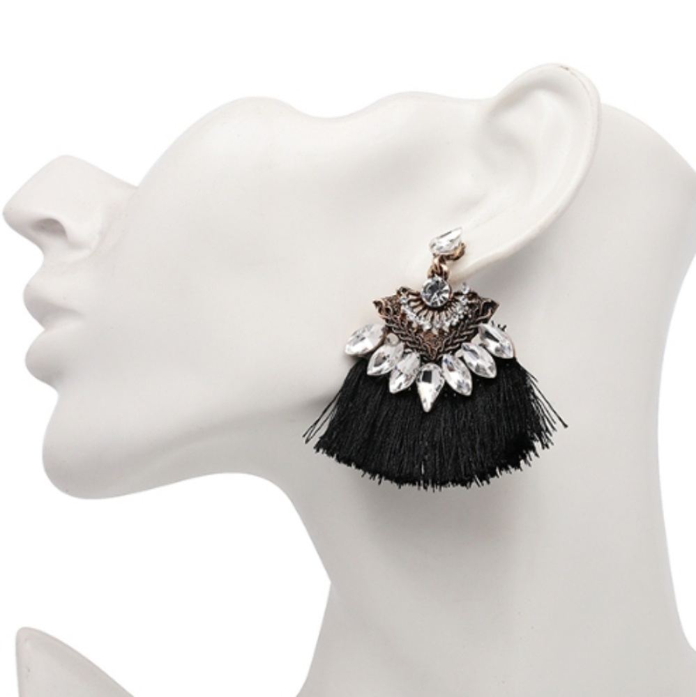Crystals & Tassels Gorgeous Drop Fringe Earrings - Picture 2 of 5
